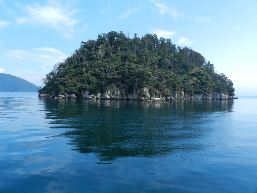 琵琶湖に浮かぶ4つの島々と琵琶湖に架かる2つの橋　竹生島